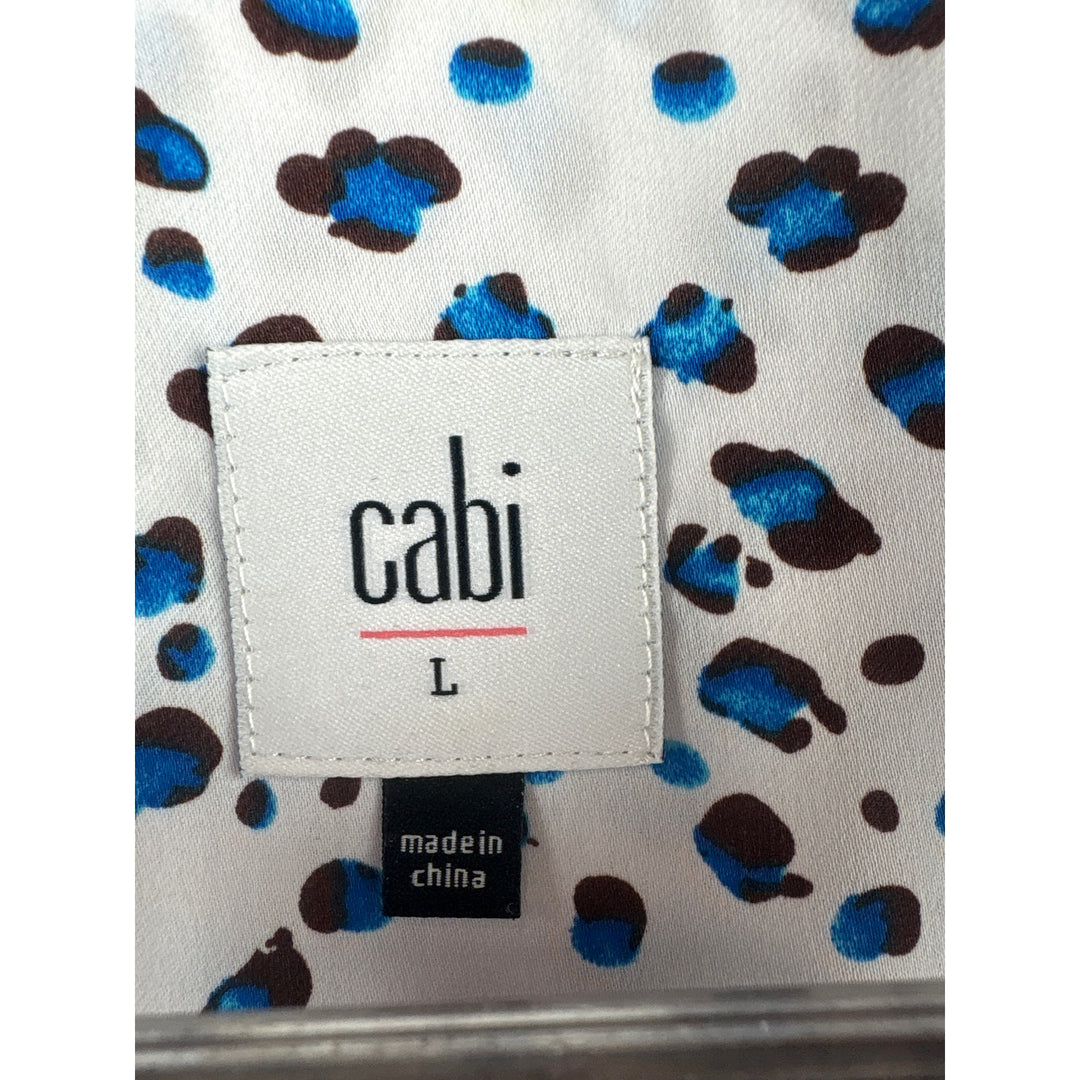 Women’s CAbi Large White Sleeveless Button Up Dress w/ Blue Animal Print