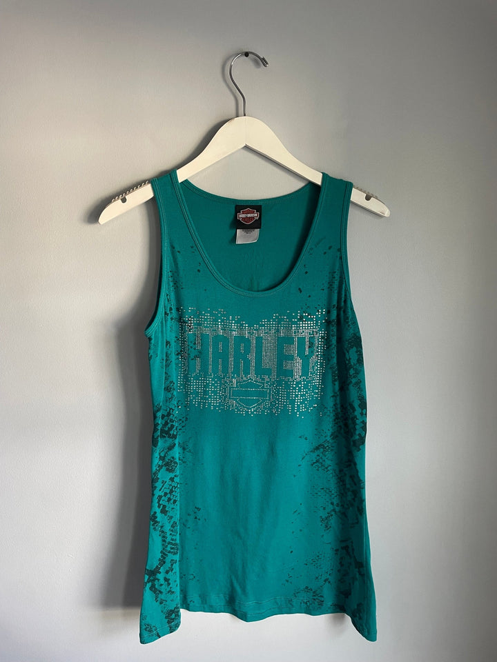 Harley Davidson Womens XL Teal Rhinestone Tank Top Snakeskin Leesburg FL Gator Y2K