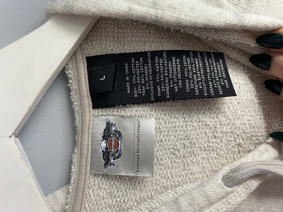 Harley Davidson Womens L Zip Up Hoodie Cream Orange Varsity Spellout Logo Biker