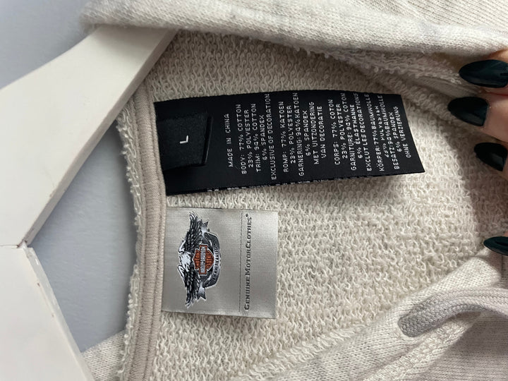 Harley Davidson Womens L Zip Up Hoodie Cream Orange Varsity Spellout Logo Biker