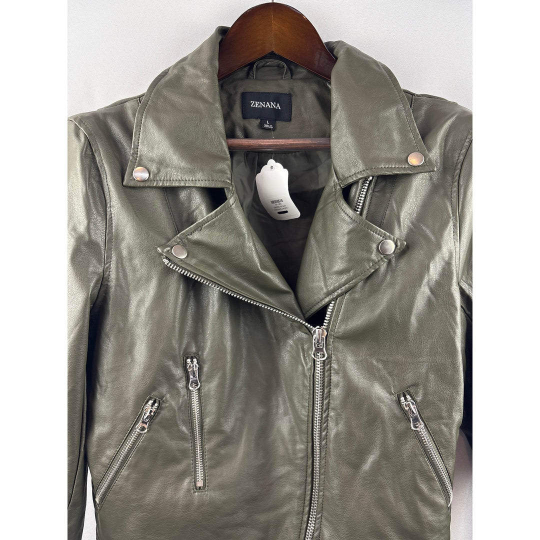 Women’s Zenana Large Olive Green Faux Leather Biker Jacket
