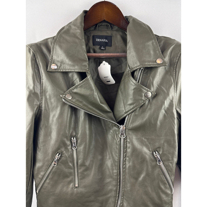 Women’s Zenana Large Olive Green Faux Leather Biker Jacket