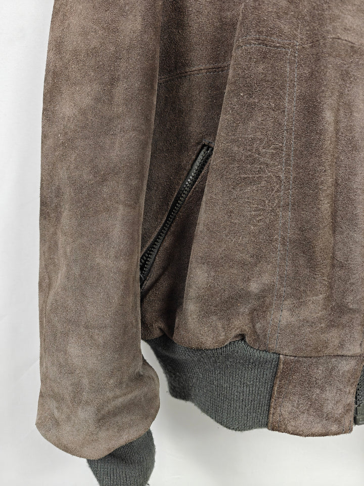 Mens In Crowd Distressed Brown Suede Leather Bomber Jacket XL