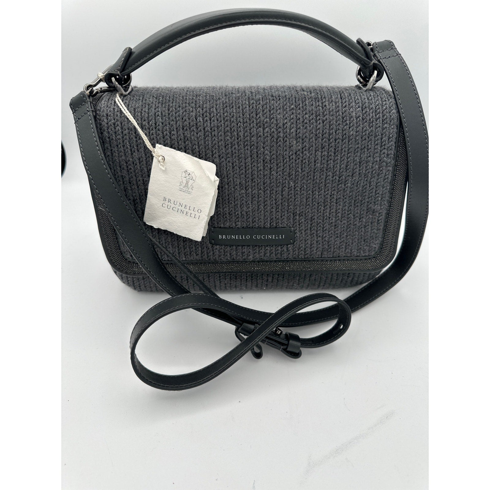 Brunello Cucinelli 100% Virgin Wool Bag w/leather strap and monili detail NWT