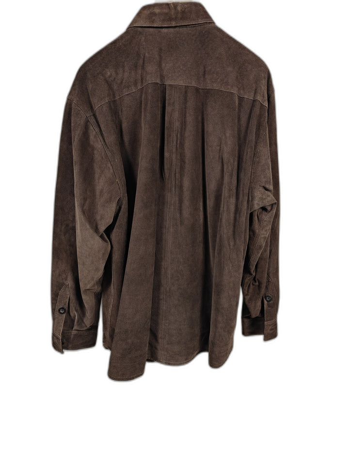 Mens Genuine Suede Leather Shirt Jacket Brown Vintage Large
