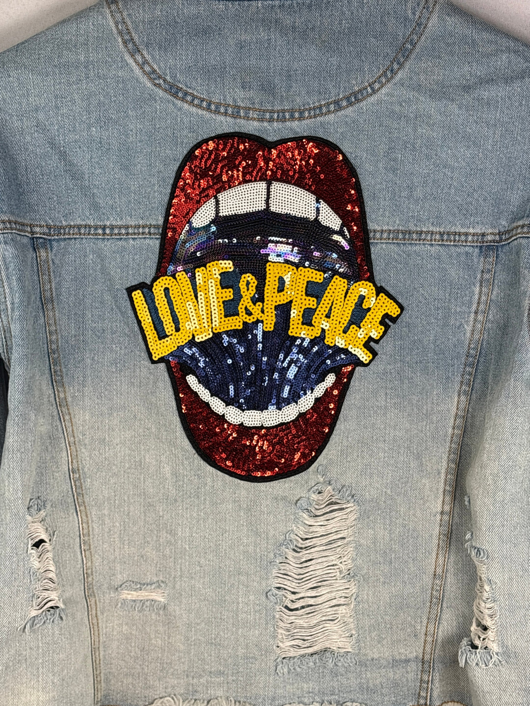 Womens Small Light Wash Blue Denim Jacket With Sequin Lip Back Graphics