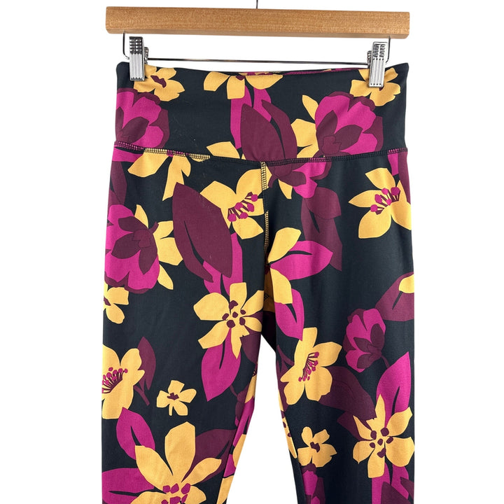 Women’s Danskin Medium Black Leggings w/ Yellow & Purple Florals