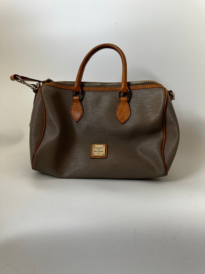 Dooney &amp; Bourke Taupe Gray Satchel Bag Tan Leather Trim Crossbody Strap
