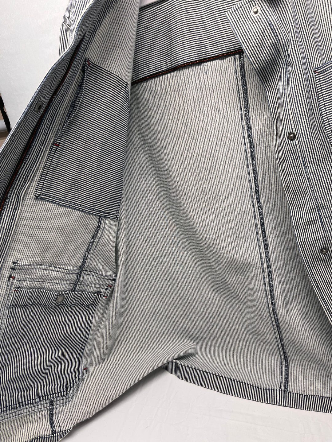 Duluth Trading Co Hickory Stripe Chore Coat Workwear Railroad inspired Denim Jacket