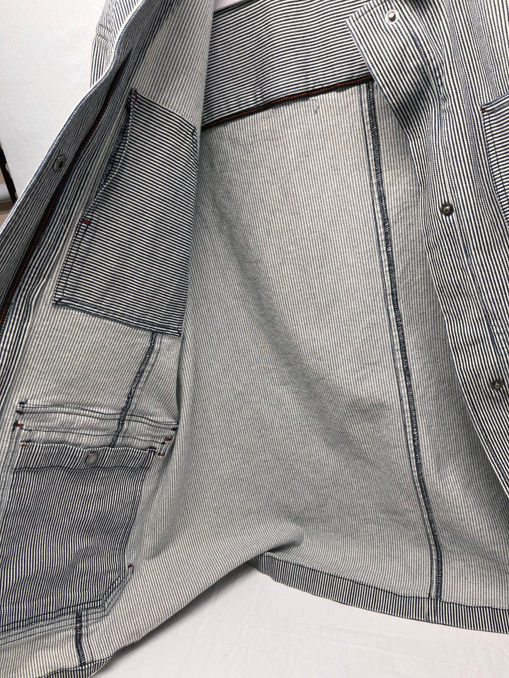 Duluth Trading Co Hickory Stripe Chore Coat Workwear Railroad inspired Denim Jacket