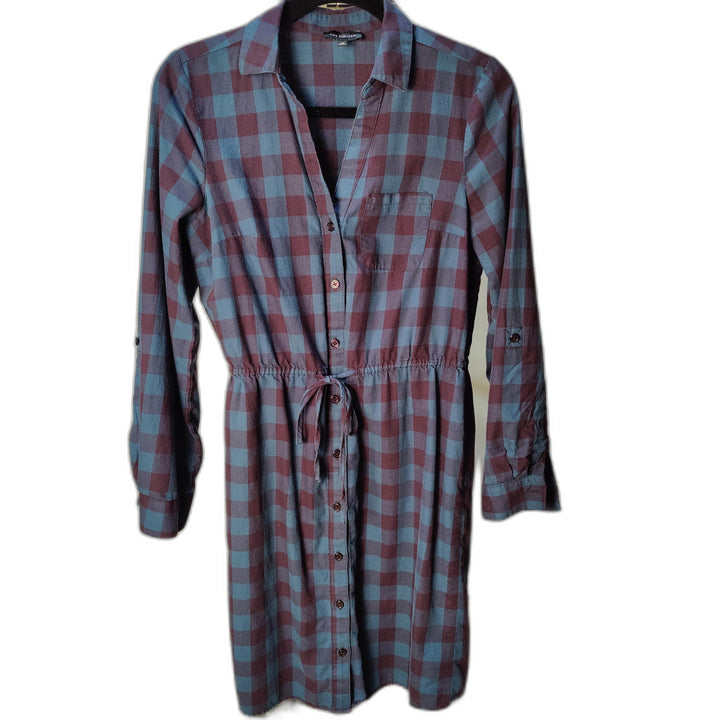 Button-Down Plaid Shirt Dress – Blue & Burgundy, Drawstring Waist, Size XS
