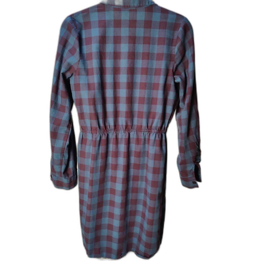 Button-Down Plaid Shirt Dress – Blue & Burgundy, Drawstring Waist, Size XS