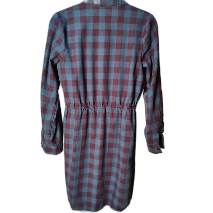 Button-Down Plaid Shirt Dress – Blue & Burgundy, Drawstring Waist, Size XS
