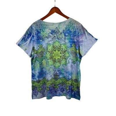 DressBarn Women’s Blue & Green Patterned T-Shirt Sz 1X – Casual Plus Sz Tee Top