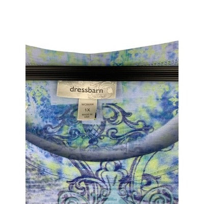 DressBarn Women’s Blue & Green Patterned T-Shirt Sz 1X – Casual Plus Sz Tee Top