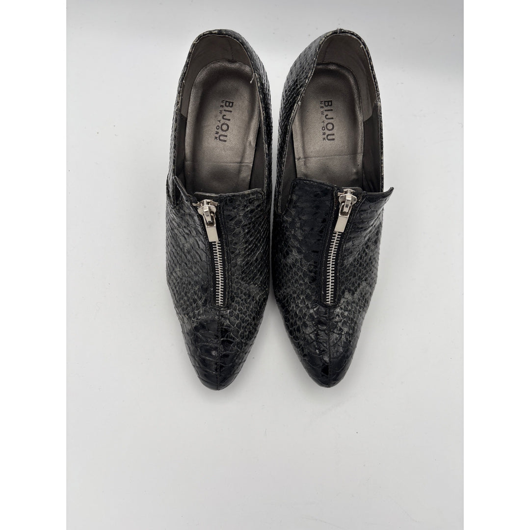 Bijou New York Womens Black Snakeskin Pattern Heeled Ankle Boots Size 7.5 With Front Zipper
