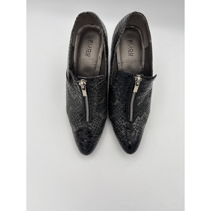 Bijou New York Womens Black Snakeskin Pattern Heeled Ankle Boots Size 7.5 With Front Zipper