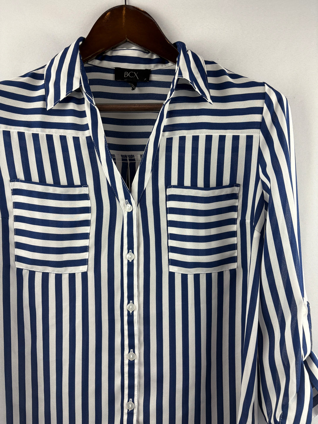 Women’s BCX Large Blue & White Striped Button Up