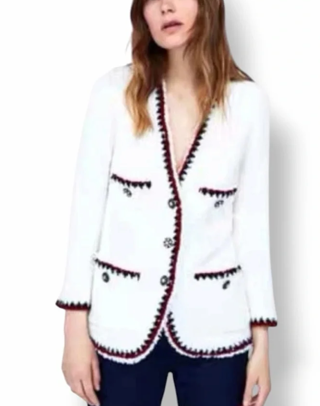 Zara Woman Tweed Blazer Size Small Ivory Boucle Jacket Fringe Trim Quiet Luxury