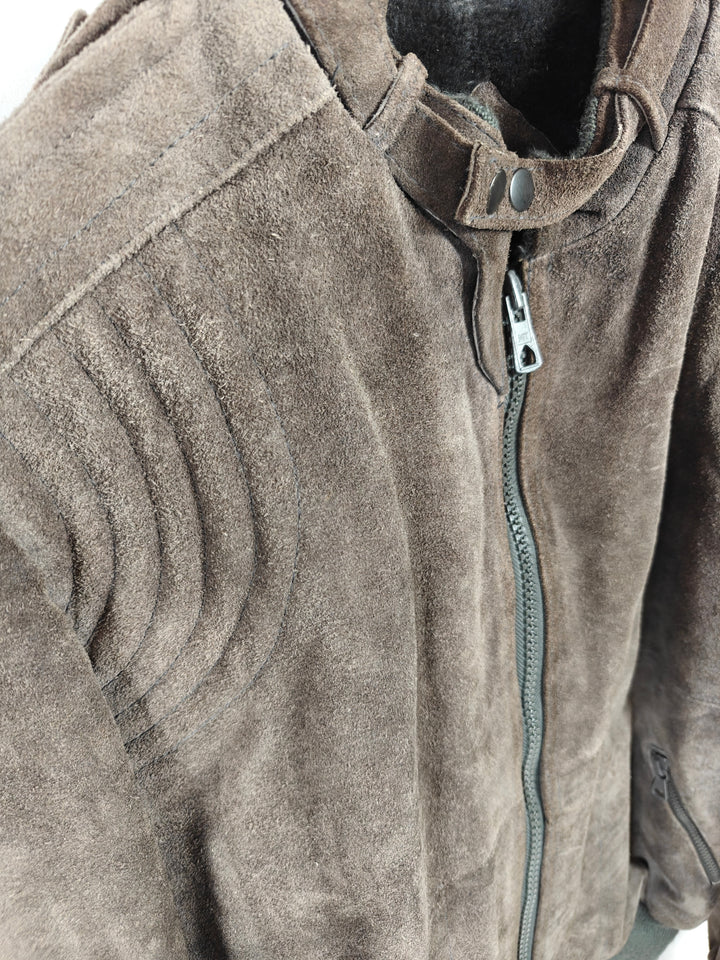 Mens In Crowd Distressed Brown Suede Leather Bomber Jacket XL