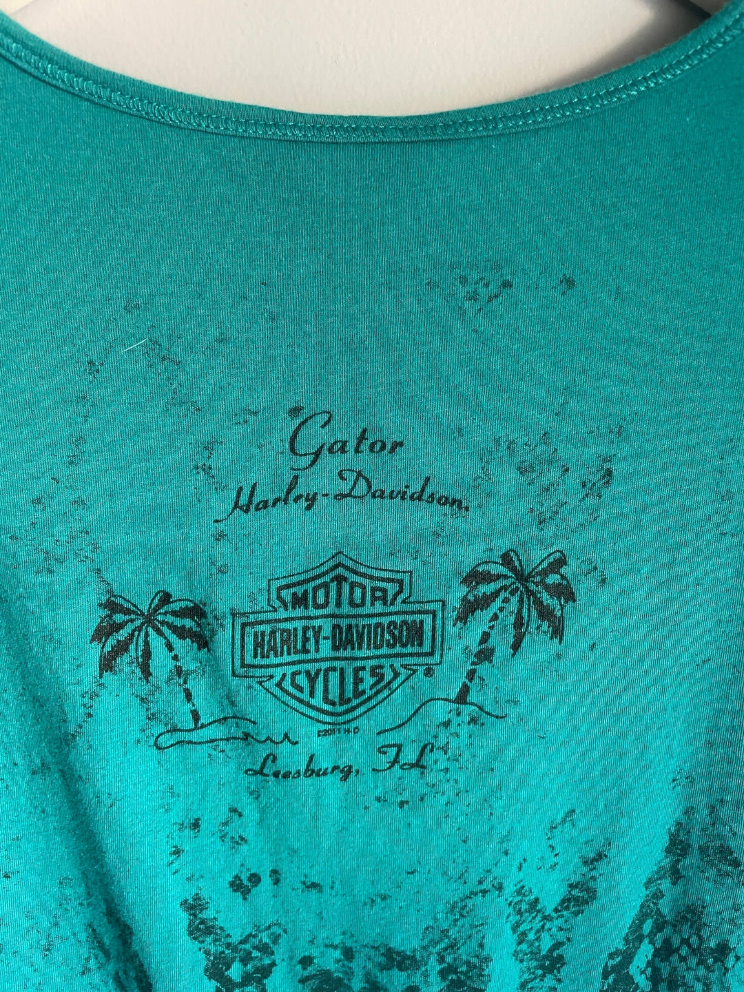 Harley Davidson Womens XL Teal Rhinestone Tank Top Snakeskin Leesburg FL Gator Y2K