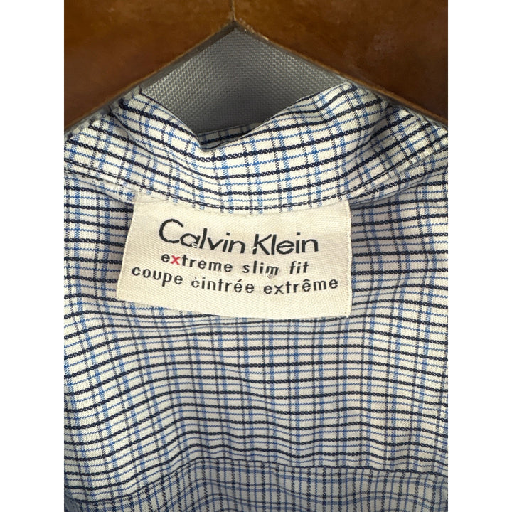 Men’s Calvin Klein Size 15 Blue, White, & Black Micro Plaid Button Up