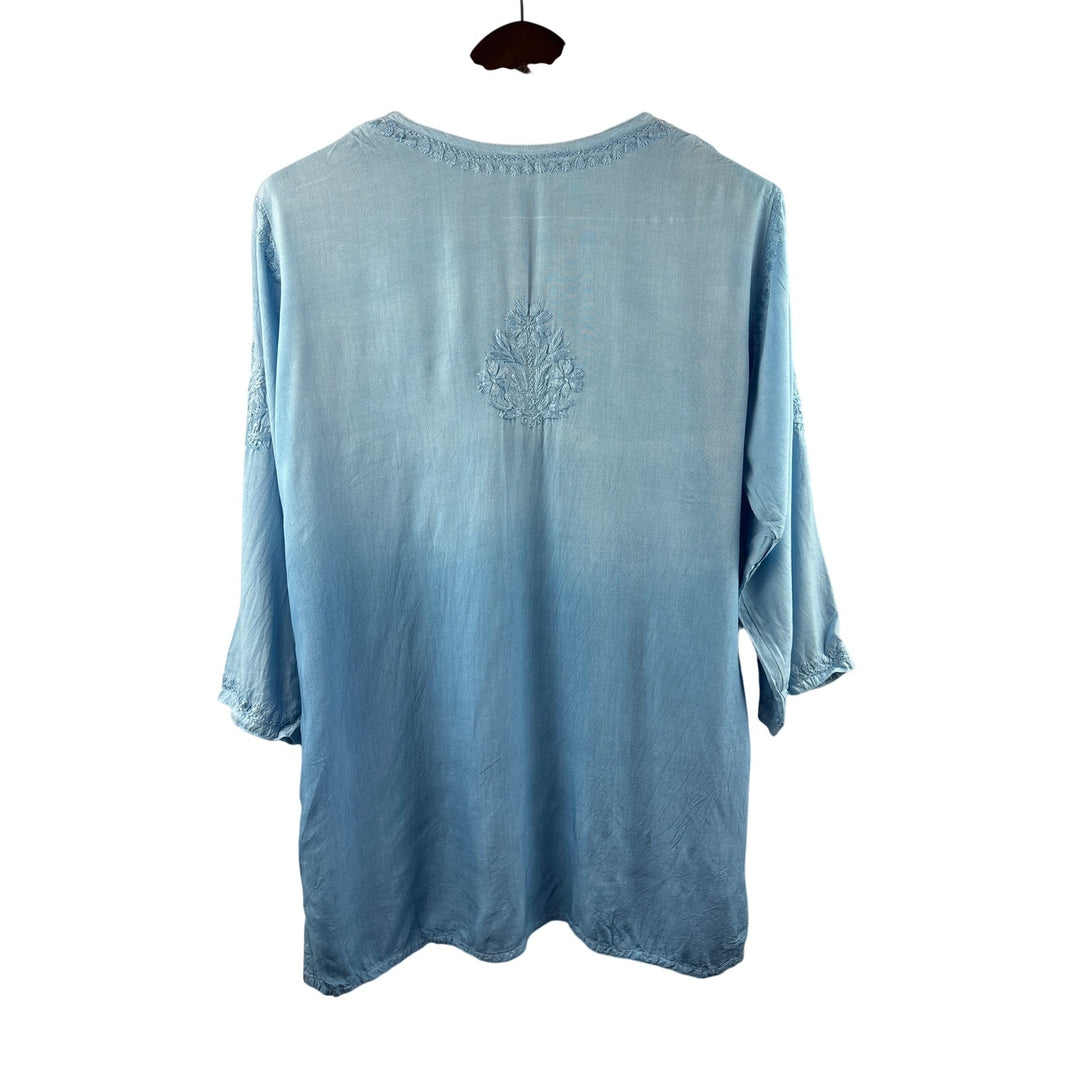Women’s Classikari XL Blue Ombré 3/4 Length Sleeve Blouse w/ Floral Embroidery