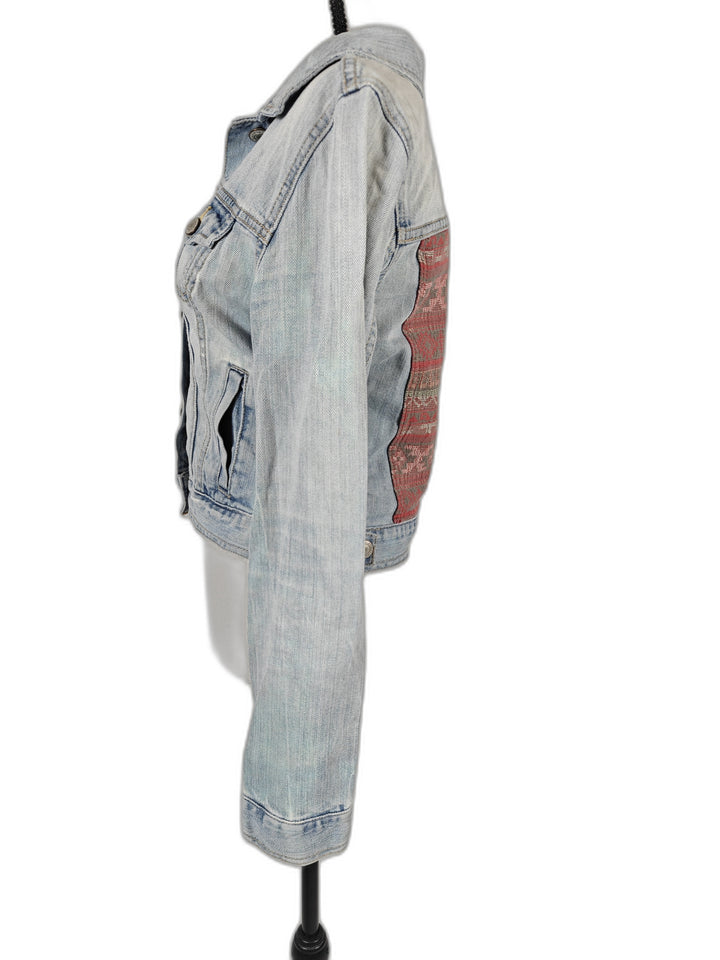 Womens American Eagle Denim Jacket Light Blue Medium Aztec Back Panel