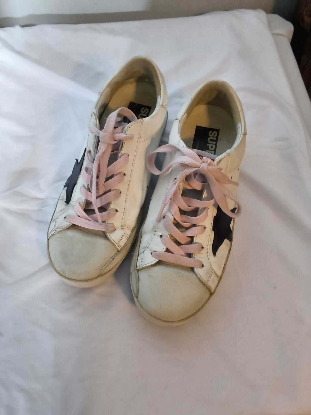 Golden Goose Super Star White Leather Sneakers Blush Pink Laces Size 37