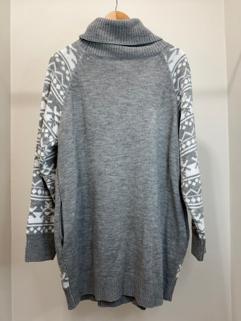 Holiday Reindeer Sweater Gray Fair Isle Cowl Neck SzL