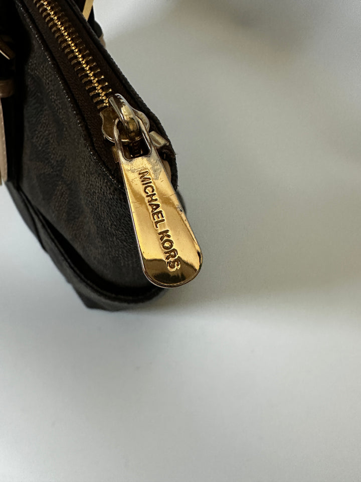 Michael Kors Brown MK Signature Logo Tote Bag Tan Straps Gold Charm