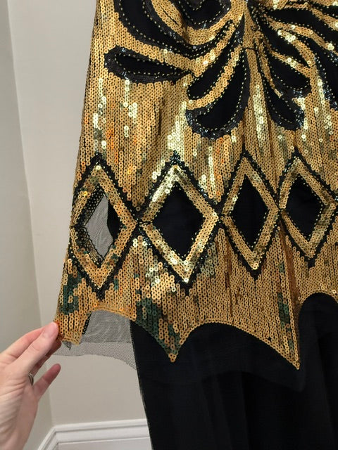 Metme Sequin Beaded Tulle Maxi Dress Black Gold XL