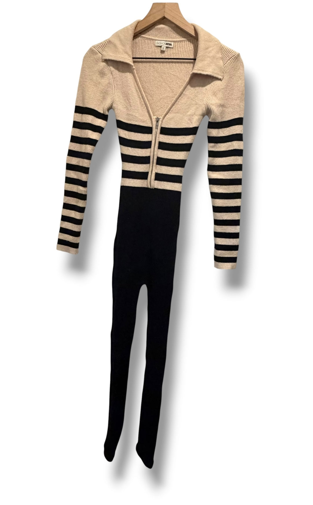 Fashion Nova Black Cream Striped Ribbed Knit Zip Front Jumpsuit Size Medium