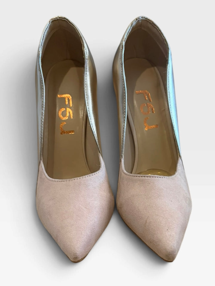 FSJ Beige Nude Gold Metallic Pointed Toe Stiletto Pumps Size 6