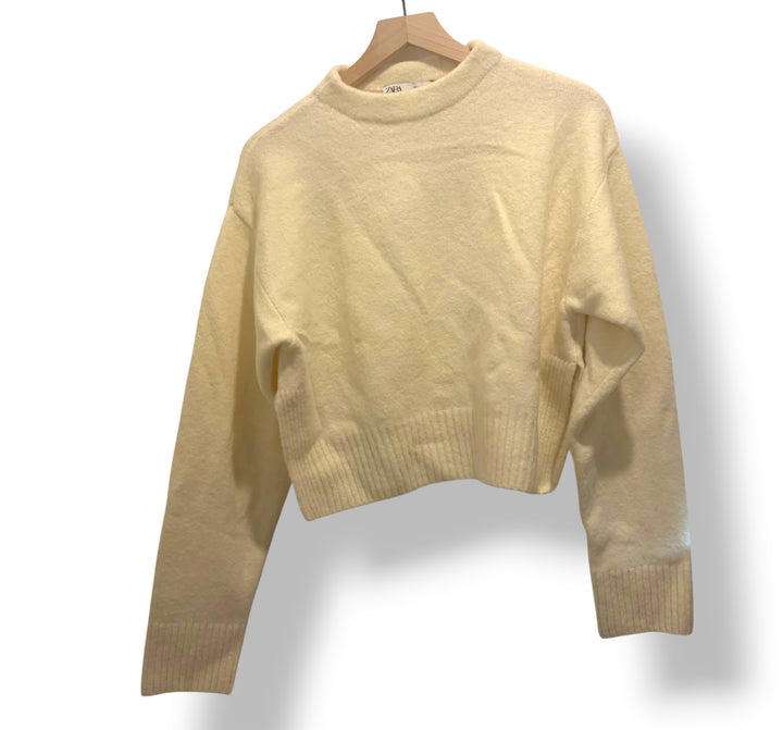 Zara Cream Fuzzy Sweater Oversized Cropped Knit Size L Holiday Quiet Luxury