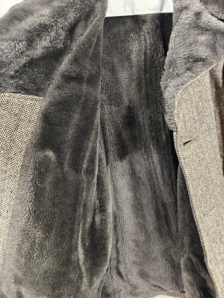 Mens Aberdeen Herringbone Tweed Coat Gray Brown Faux Fur Collar Size Unknown