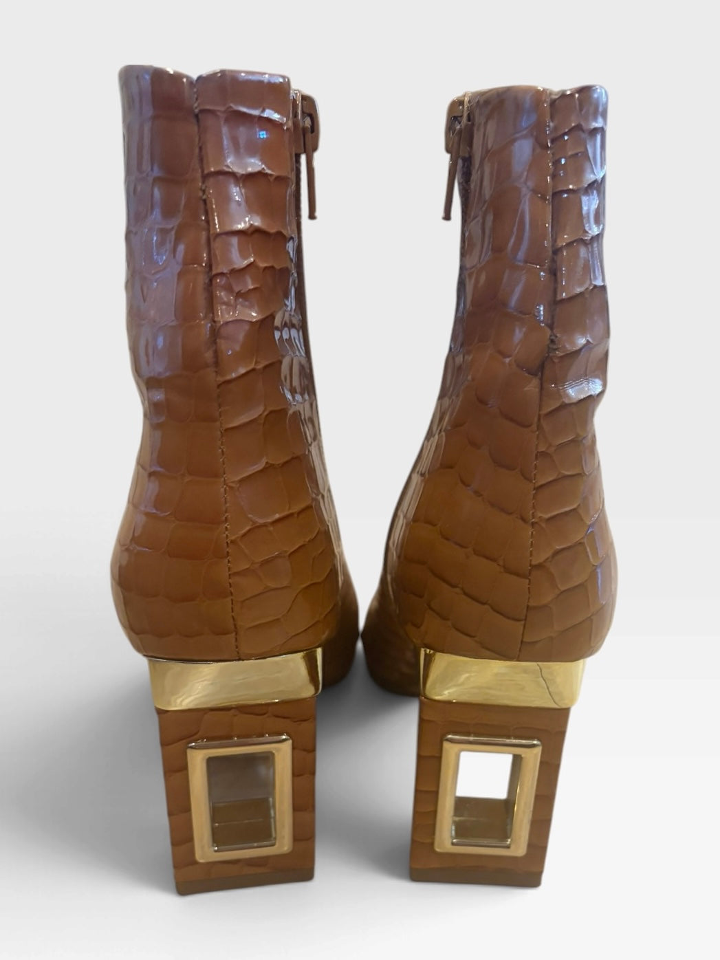 Katy Perry Brown Croc Embossed Ankle Boots 6 Gold Block Heel Western Retro Y2K