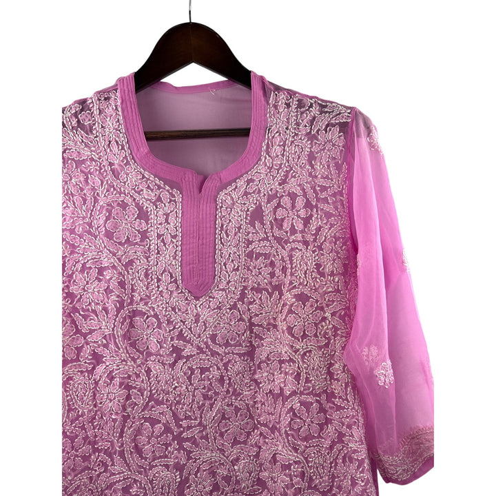 Women’s Handmade XL Pink Long Sleeve Blouse w/ White Embroidery