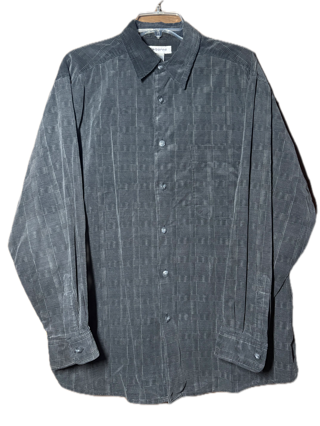 Claiborne Mens Gray Plaid Button Down Long Sleeve Vintage Shirt
