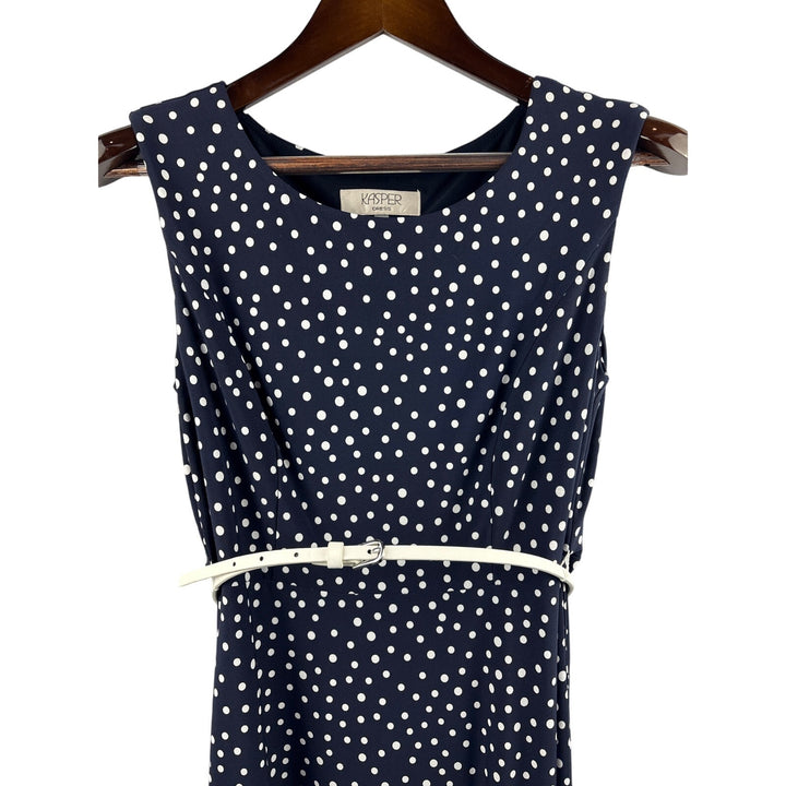 Women’s Kasper Size 4 Navy Blue Midi Dress w/ White Polka Dots & Belt