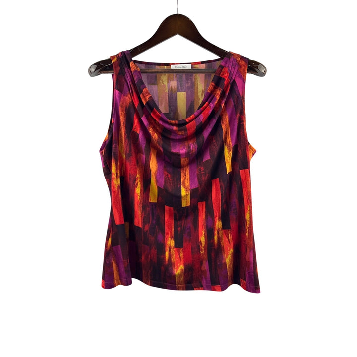Women’s Calvin Klein Purple, Red, Orange, & Black Patterned Cowelneck Blouse