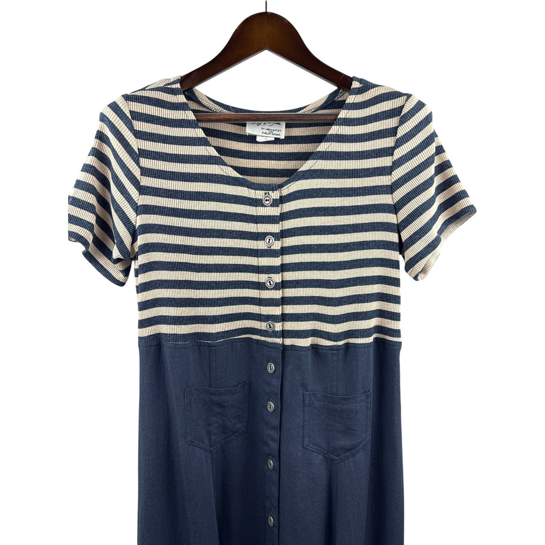 Women’s Jeffrey & Dara Size 16 Navy w/ Cream Stripes Button Up Dress