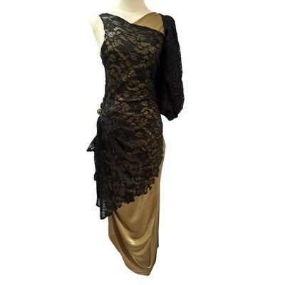 Black & Gold One-Shoulder Lace Evening Dress