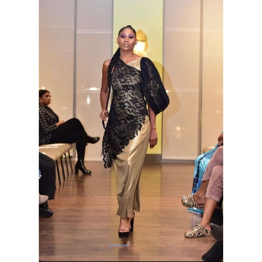 Black & Gold One-Shoulder Lace Evening Dress