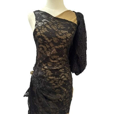 Black & Gold One-Shoulder Lace Evening Dress