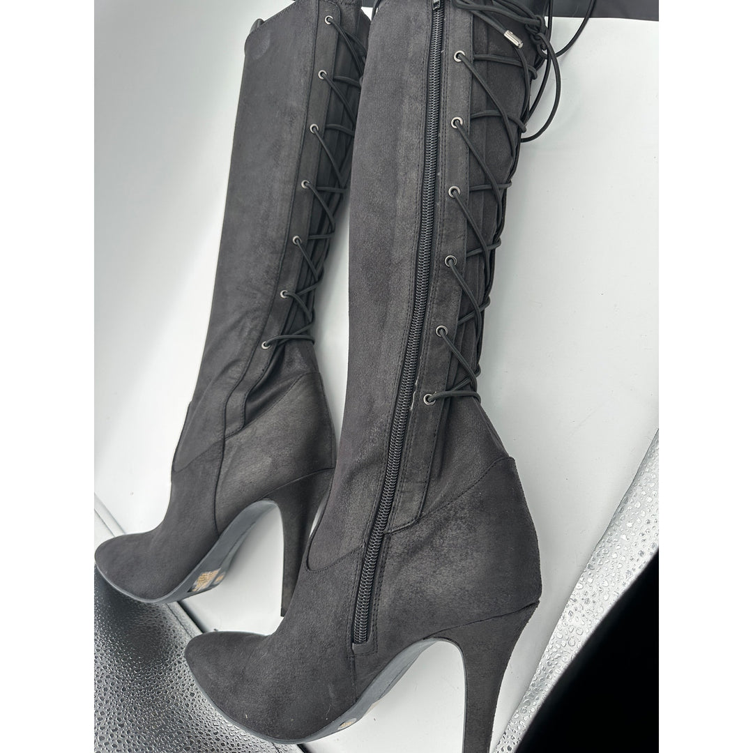 Women’s BCBG ERINN black sueded knee high lace up heeled boots size 8