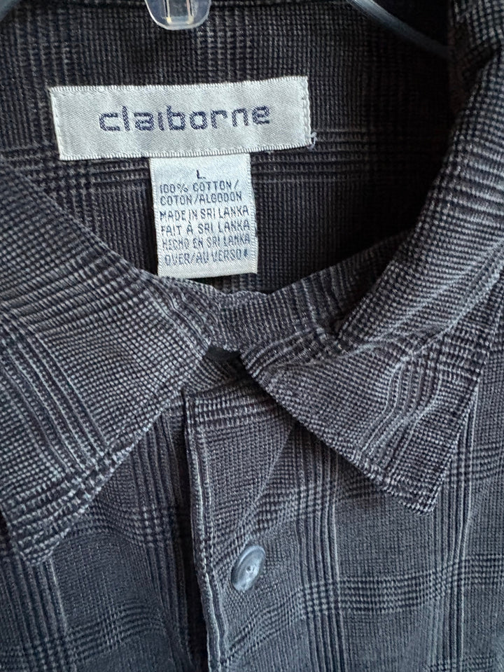 Claiborne Mens Gray Plaid Button Down Long Sleeve Vintage Shirt