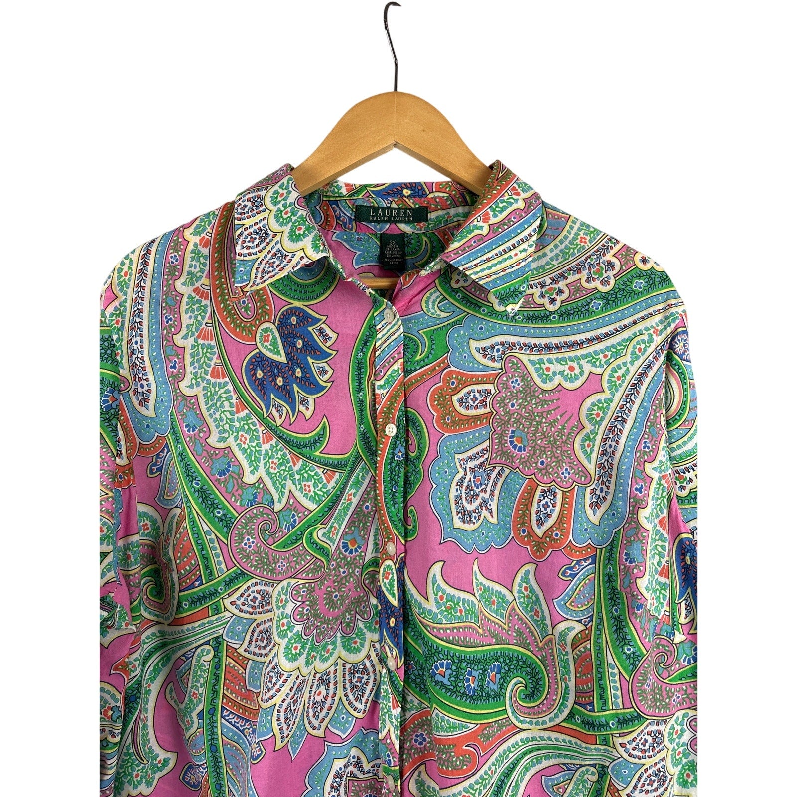 Women’s Green Label Ralph Lauren Size 2X Pink Multicolored Paisley Button Up