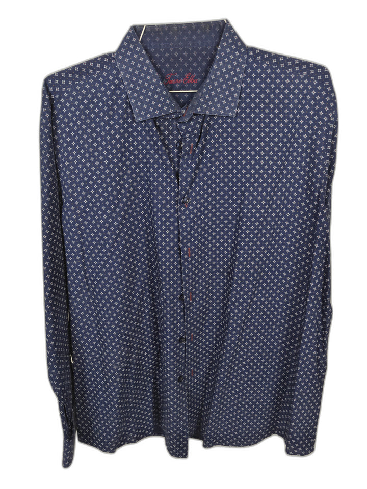 Tasso Elba Men's XXL Blue Geometric Print Button Up Shirt Long Sleeve 100% Cotton