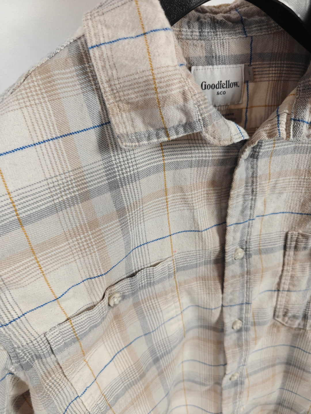 Mens Goodfellow &amp; Co Flannel Shirt Cream Plaid Standard Fit